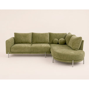 Gabin - Canapé d'angle droit 5 places en velours texturé - Vert Kaki