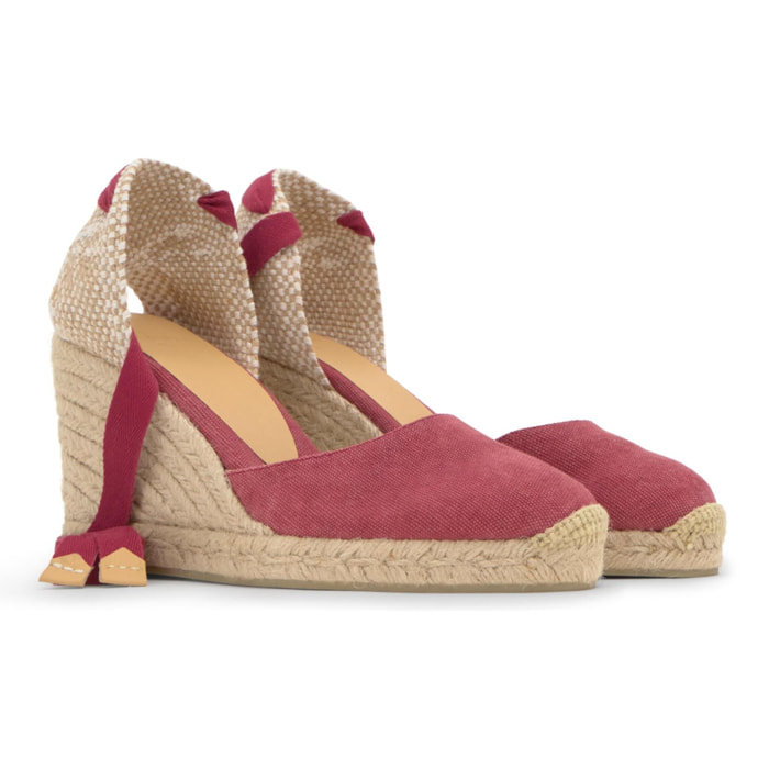Alpargata de cuña 6 cm en lona de algodón con cintas al tobillo y talonera trenzada