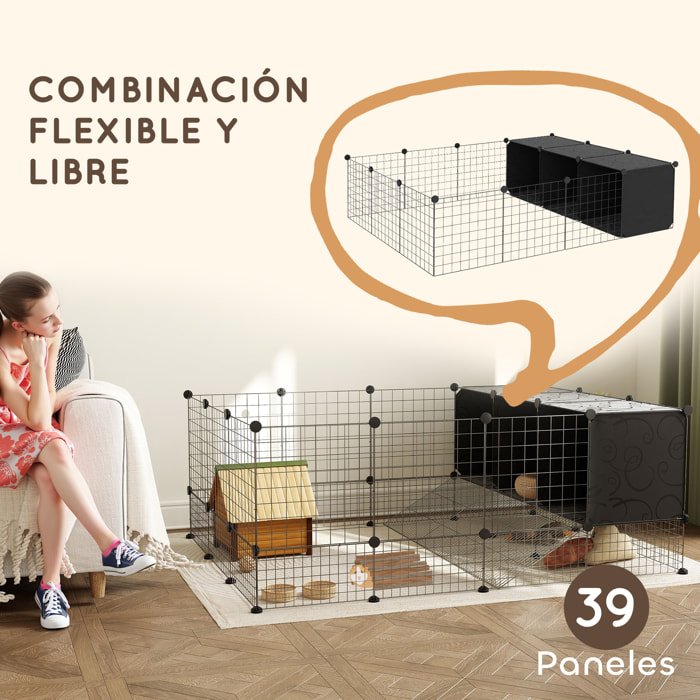 Valla para Mascotas de Bricolaje Parque para Conejos Recinto para Conejos de 39 Paneles con 3 Nidos para Cobayas Conejos y Erizos Negro