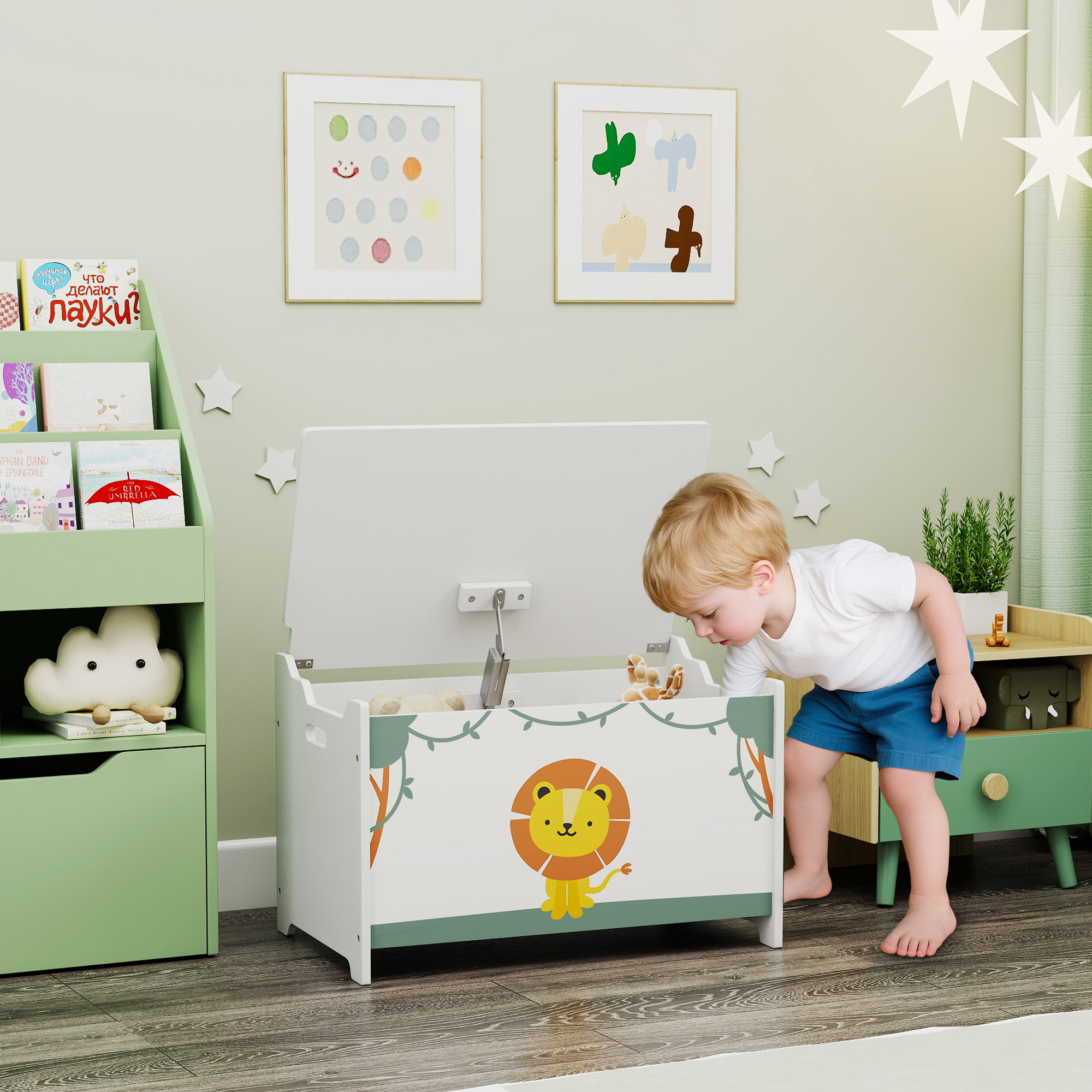 Caja de Almacenaje Juguetes, 53L, Baúl Juguetes Infantil, Organizador Juguetes con Tapa Abatible, Pistón de Gas para Niños, Niñas, Libros, Ropa en Guardería, Sala de Juegos, Dormitorio, Verde