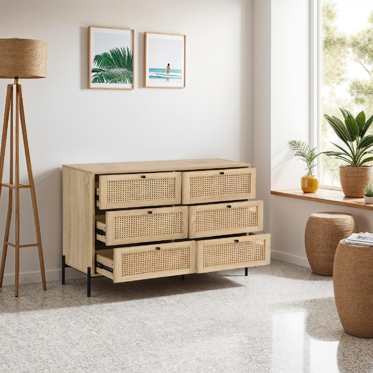 Commode 6 tiroirs en cannage et effet chêne - IRIS