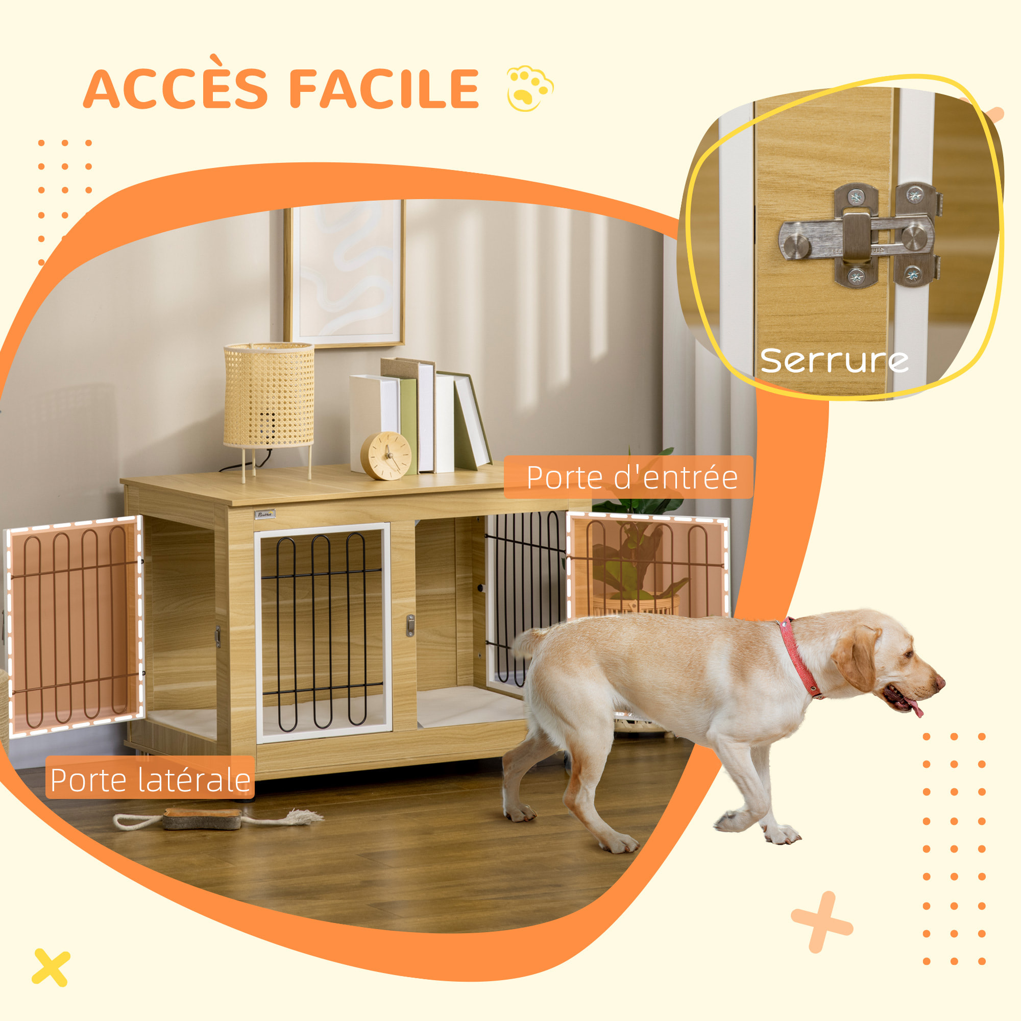 Cage pour chien sur pied - 2 portes verrouillables, coussin déhoussable inclus - acier filaire noir panneaux aspect bois clair