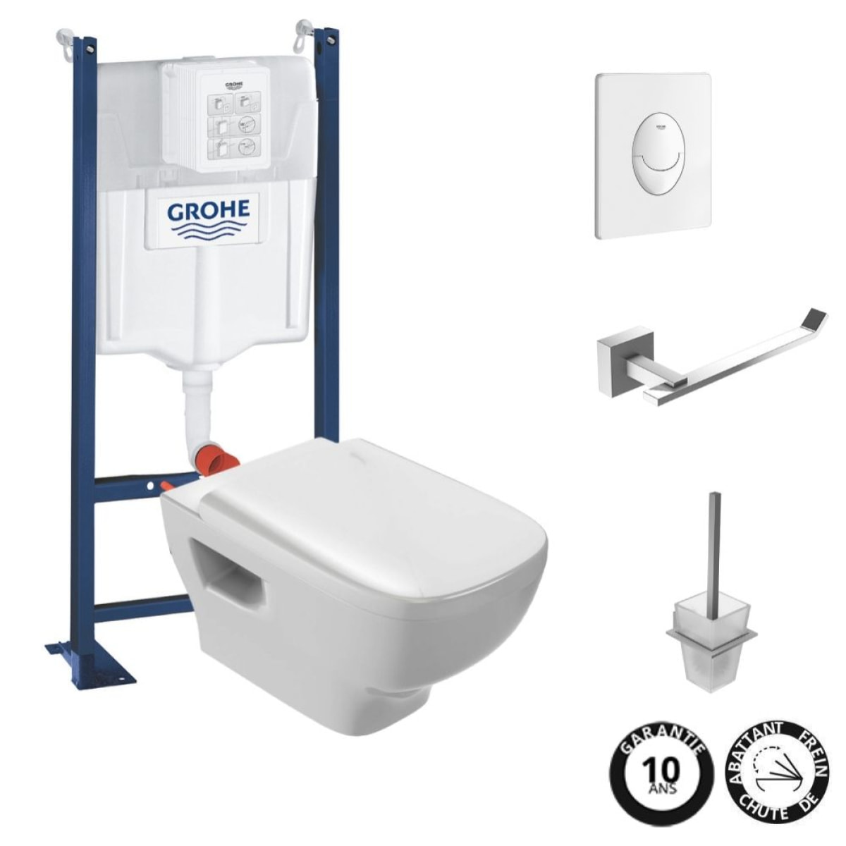 Pack WC suspendu sans bride Struktura + Bati-support GROHE + plaque Start blanc + porte-balai + porte-rouleau carré