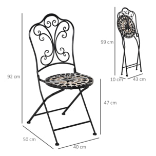 Juego de 2 Sillas de Jardín Plegables con Asiento de Mosaico Cerámico y Marco de Metal para Balcón Terraza Patio Carga 120 kg 40x50x92 cm Negro