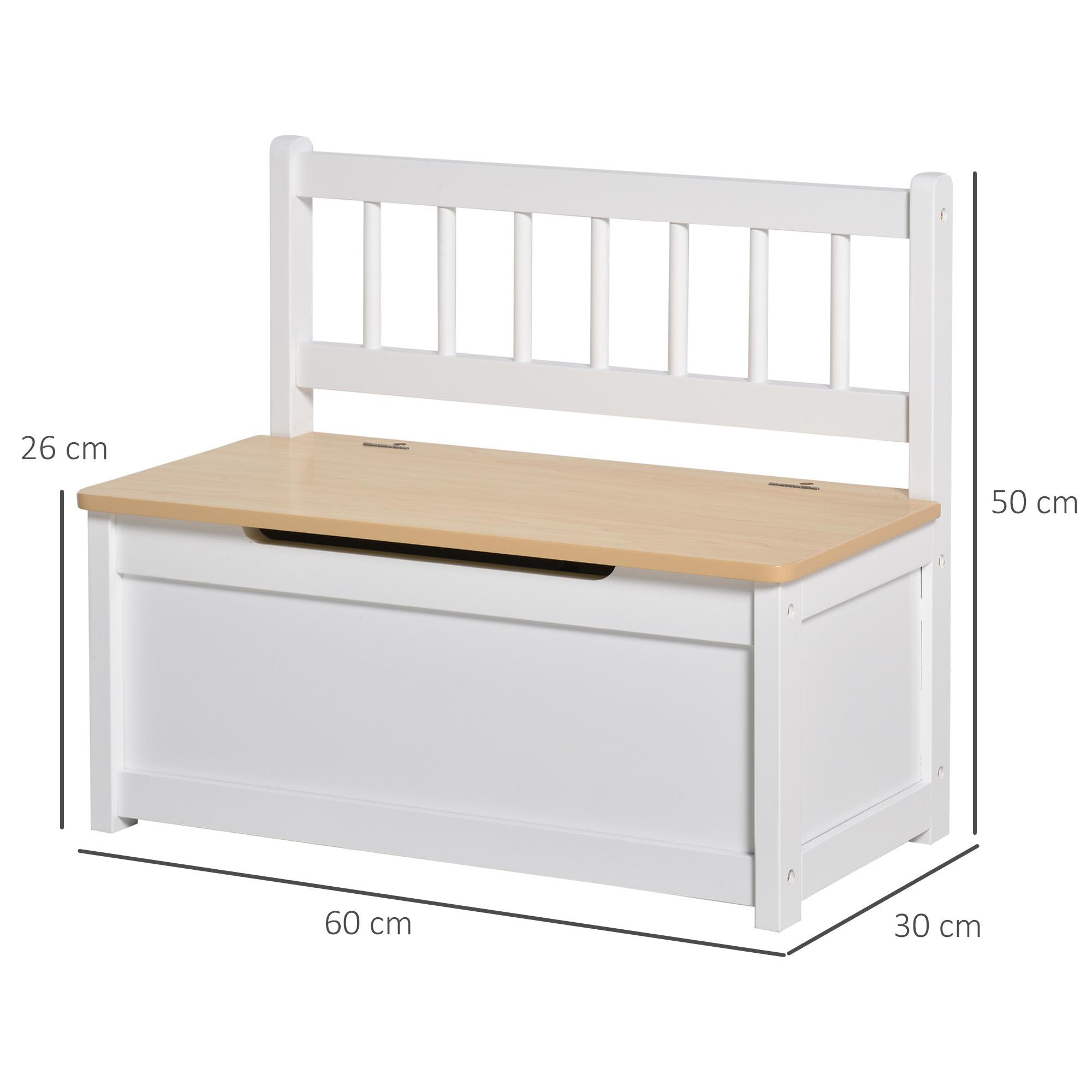 Baúl de Juguetes Banco Almacenamiento Infantil de Madera de Pino con Tapa Amortiguadora y Respaldo Alto para Niños de +2 Años Salas de Juego Habitación 60x30x50 cm Blanco