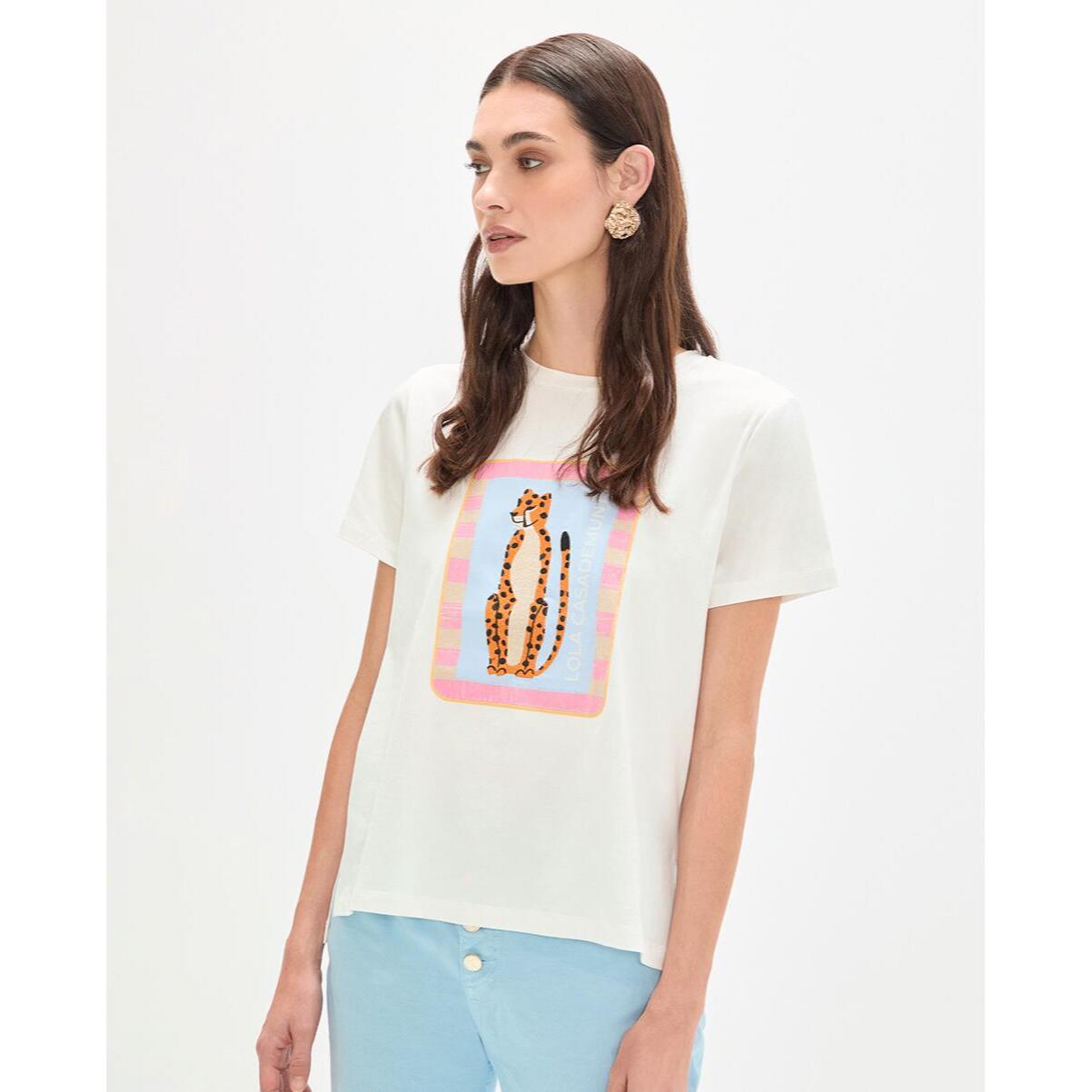 T-shirt con ricamo di animali e paillettes trasparenti