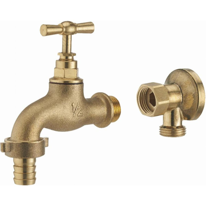 Kit robinet de puisage M1/2' (15x21) nez NOYON & THIEBAULT - Ø 15 mm + applique laiton brut M1/2' (15x21) femelle écrou libre F1/2' (15x21) - 803787