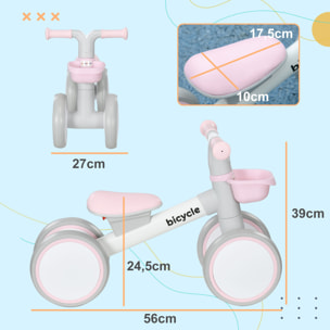 Bicicleta sin Pedales para Niños de 12-36 Meses Bicicleta de Equilibrio con Asiento Ajustable Cesta y 4 Ruedas Silenciosas Carga 20 kg 56x27x39 cm Rosa
