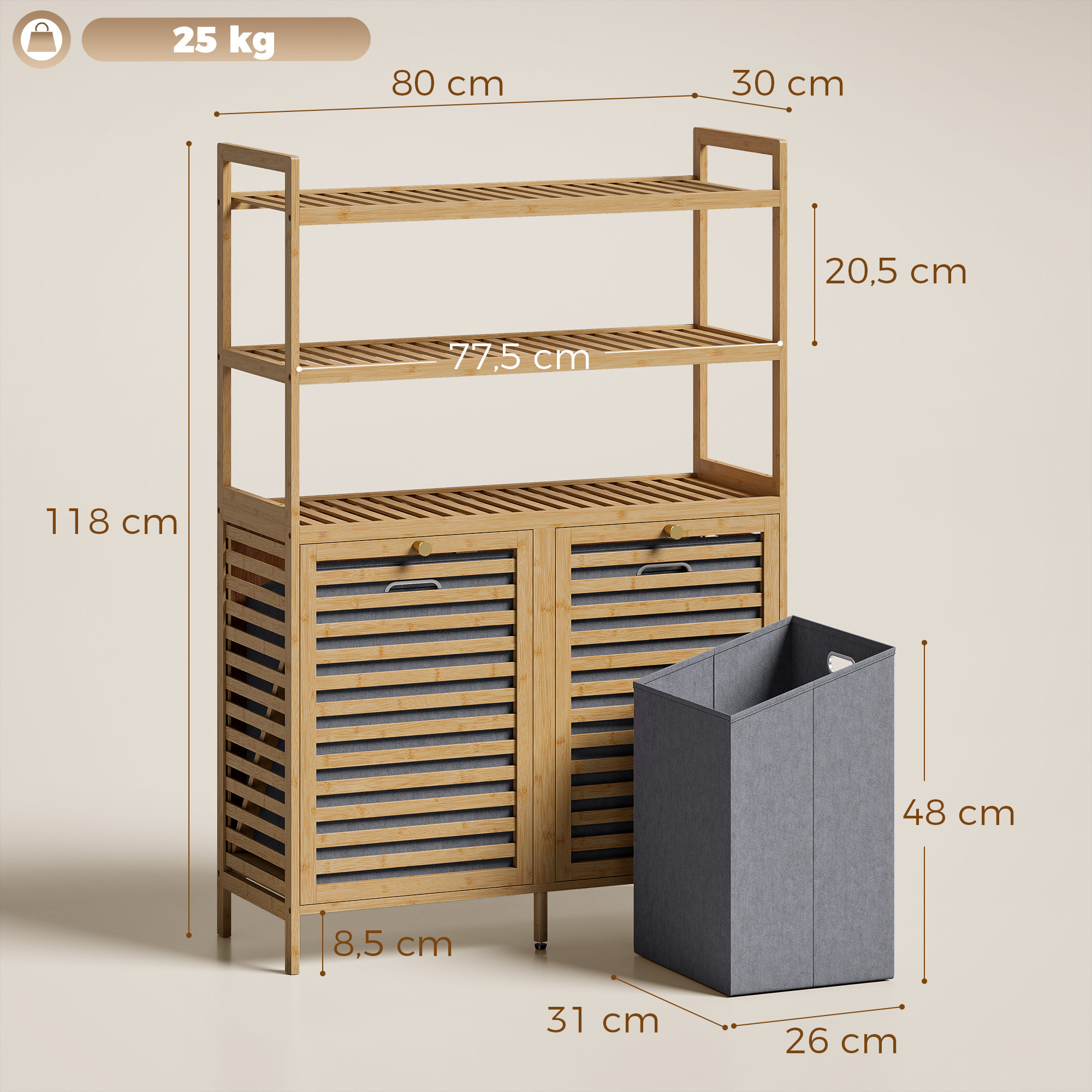 Mueble Ropa Sucia de Bambú, 2 en 1, Mueble de Baño con 2 Cestos para Ropa Sucia Inclinables 38,7 L y 3 Estantes, para Cocina, Salón, 80x30x118 cm, Roble