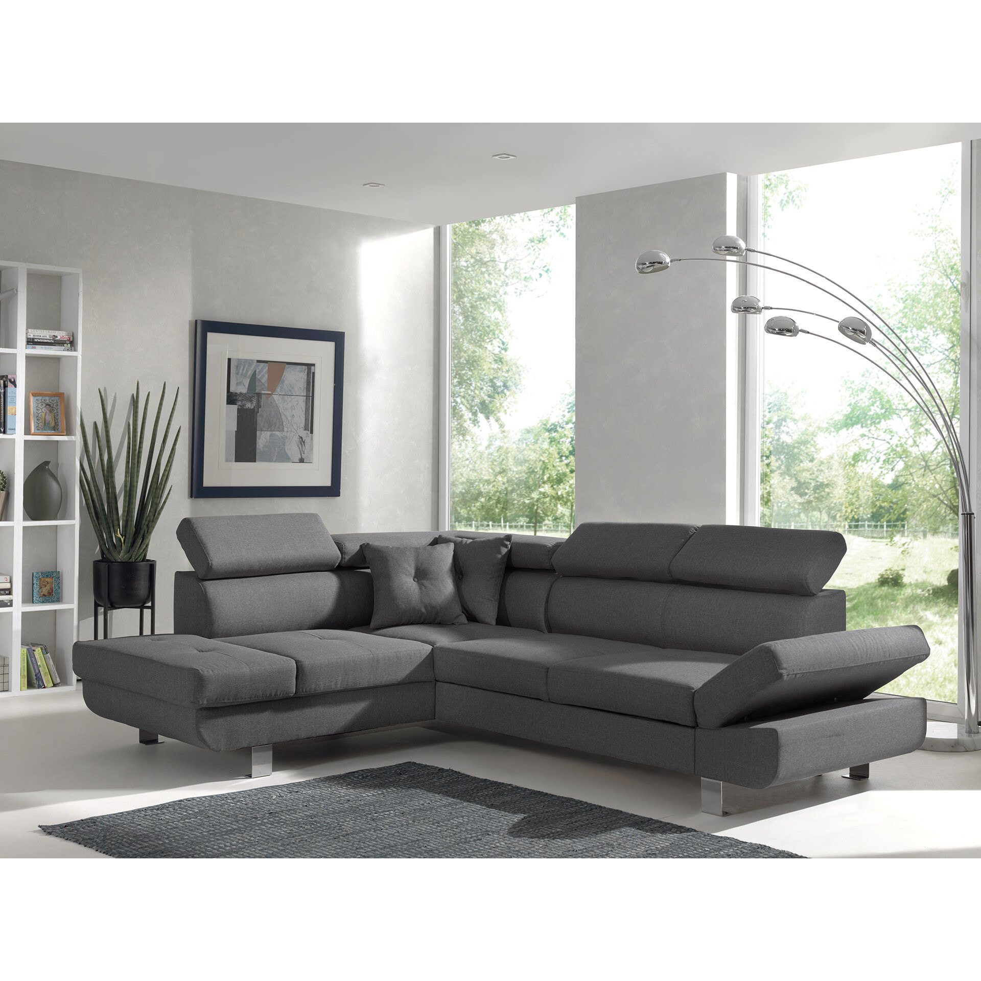 Lisbona - Canapé d'angle gauche convertible - 5 places - avec têtières - Gris foncé