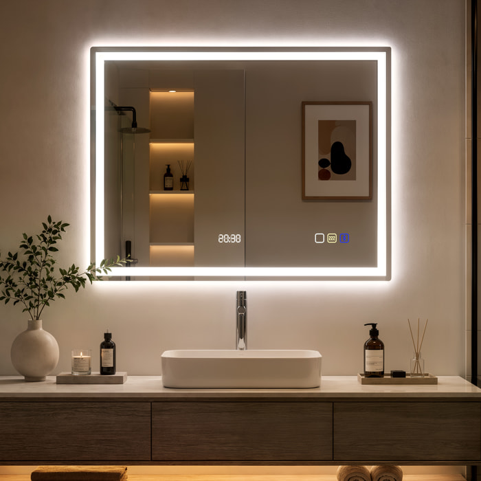 Miroir lumineux LED salle de bain 90 x 70 cm bluetooth interrupteur tactile lumière réglable 3 couleurs fonction anti-buée et mémoire