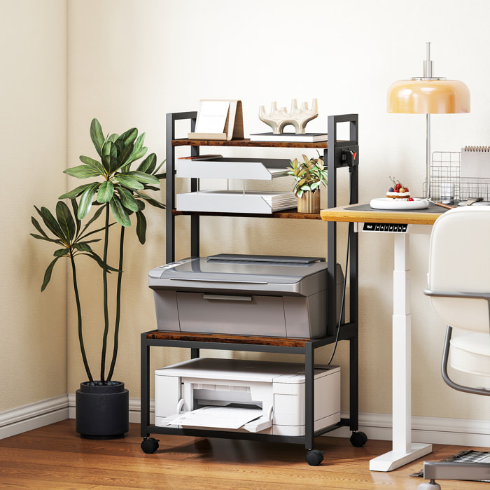 Soporte para Impresora con Estación de Carga Mueble para Impresora de 4 Niveles con Ruedas y Marco Metálico para Oficina Casa Escuela Marrón Rústico