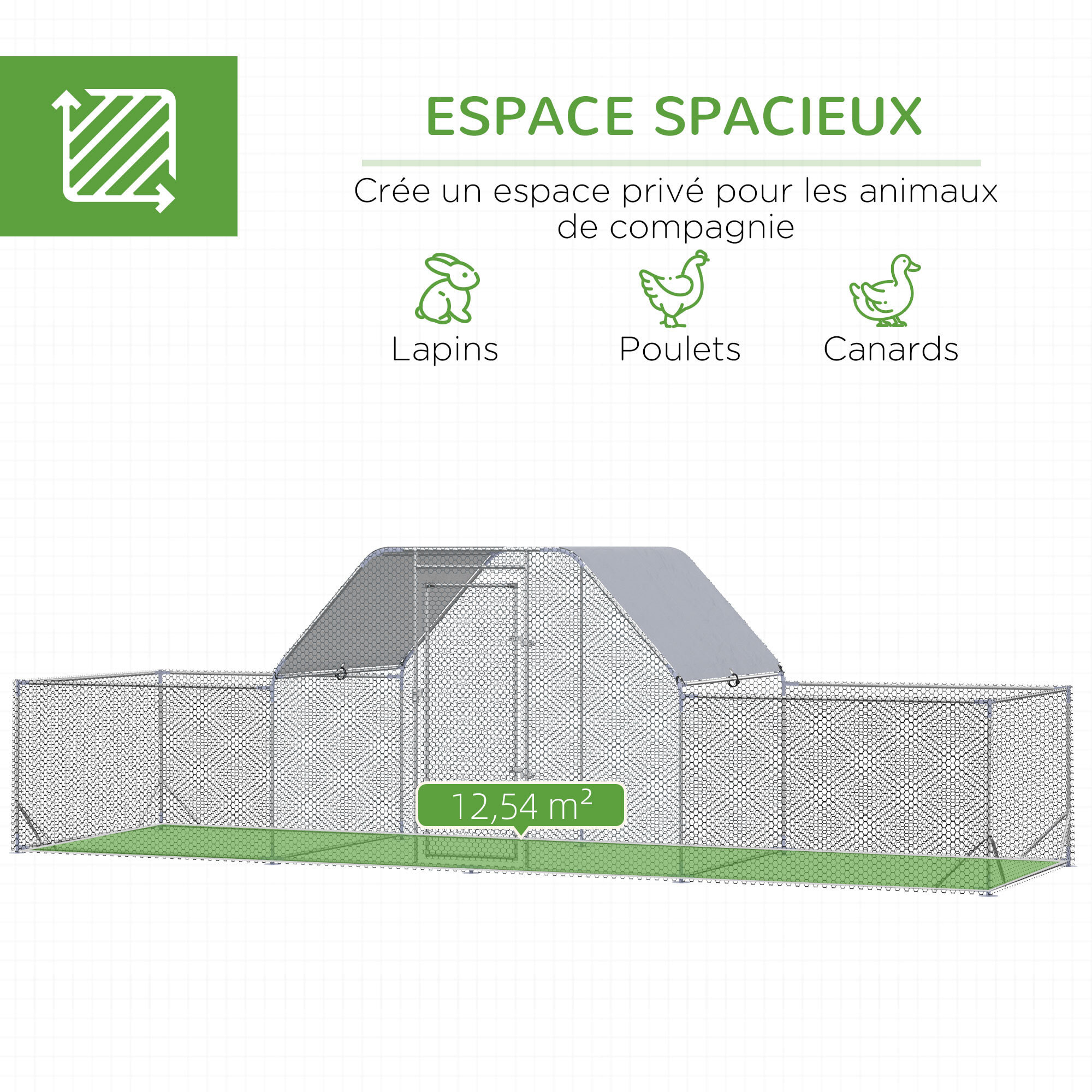 Enclos poulailler chenil 12,54 m² - parc grillagé dim 6,6L x 1,9l x 1,95H m - espace couvert - acier galvanisé