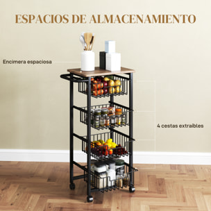 Carrito de Cocina, Carrito Verdulero para Cocina con Ruedas, 4 Cestas Deslizables y Marco de Acero, Carrito Auxiliar para Comedor, 49,5x31x91 cm, Roble
