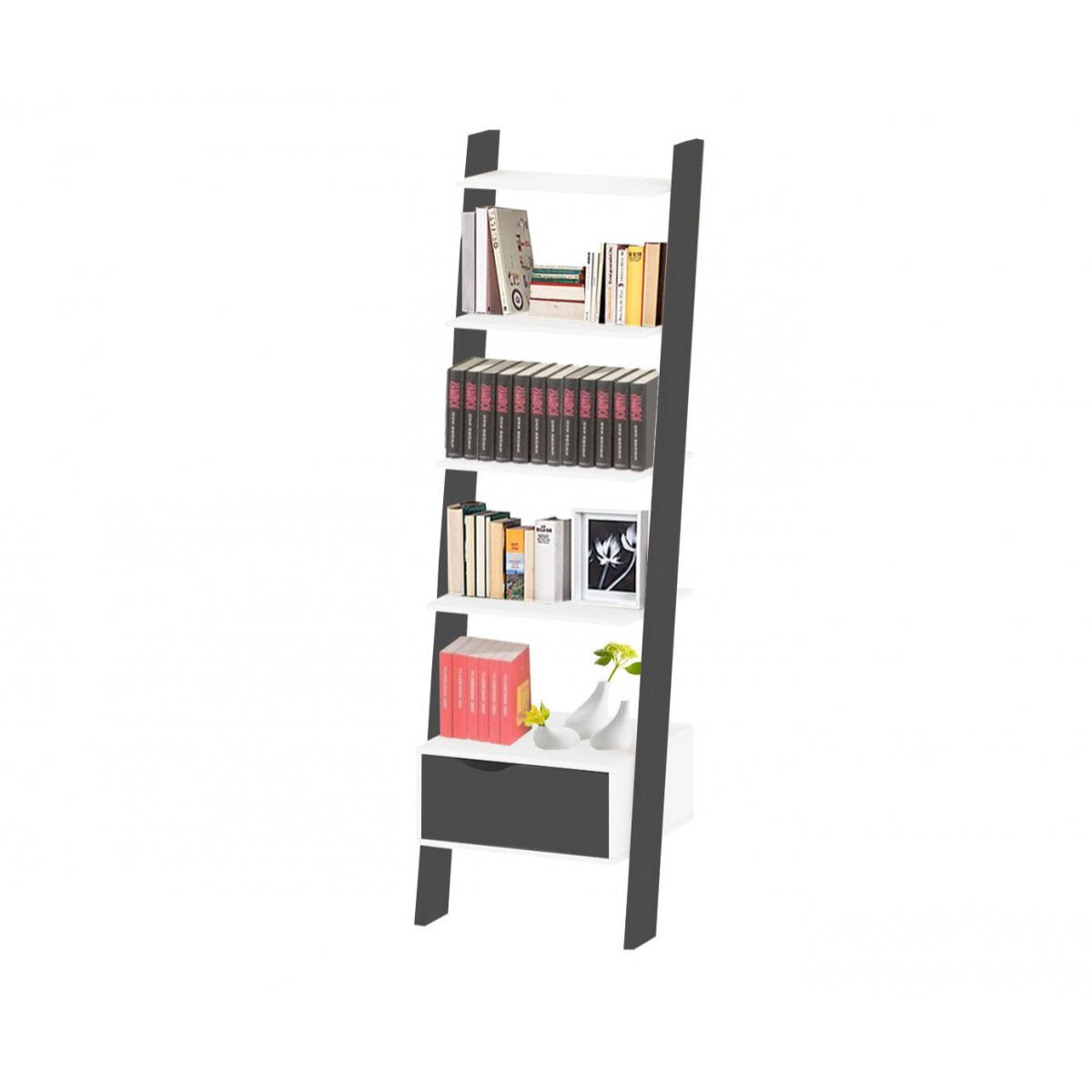 Libreria con un cassetto e quattro ripiani, colore nero e bianco, cm 55 x 180 x 48.