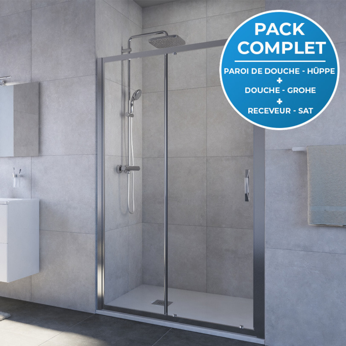 Pack douche : Porte coulissante 120cm + Colonne de douche avec mitigeur thermostatique Grohe + Receveur 120x90cm Blanc