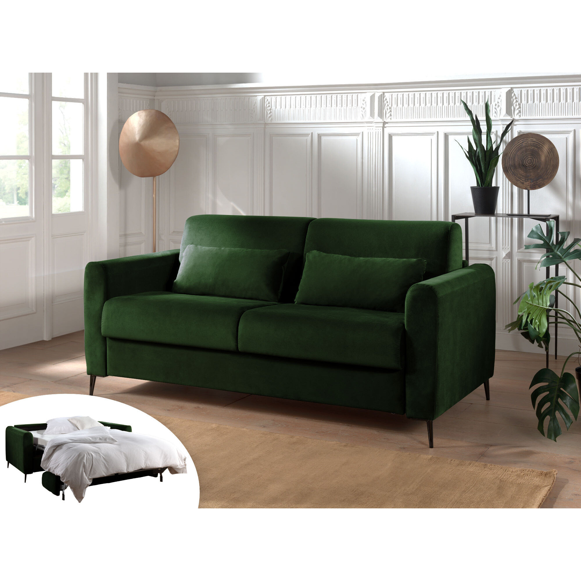 Owen - canapé 3 places convertible express couchage quotidien 140 cm matelas 12 cm en velours - Vert