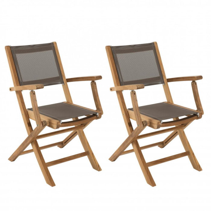 HARRIS - Ensemble de 2 fauteuils de jardin pliants en bois teck et textilène couleur taupe