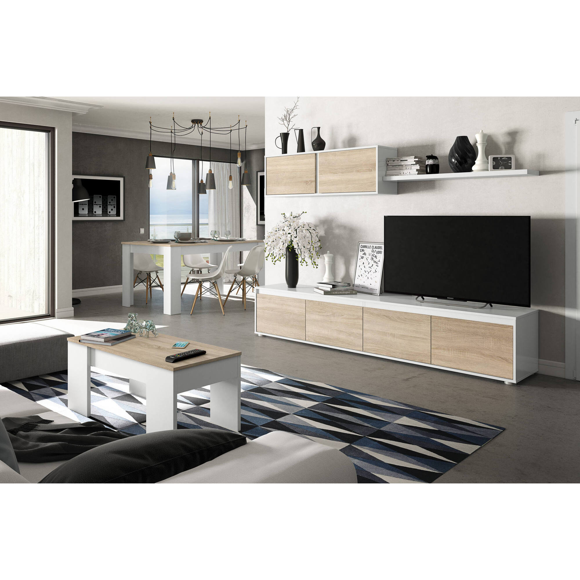Tavolino da salotto Almas, Tavolino da caffè con piano elevabile, Tavolo basso da soggiorno, 100x50h45/56 cm, Bianco e Rovere