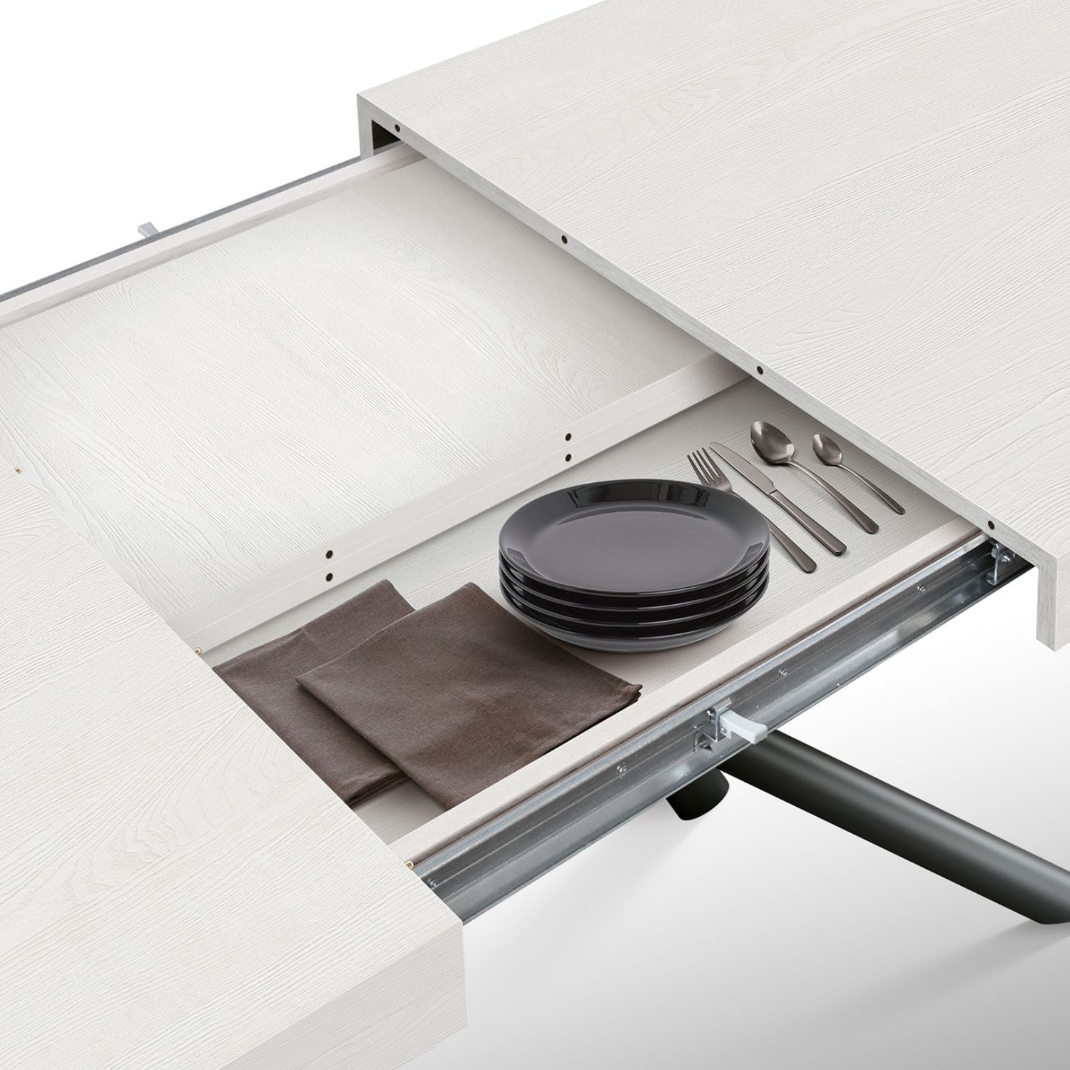 Tavolo CARRARA in legno, finitura bianco frassinato e base in metallo verniciato antracite, allungabile 180×90 cm – 260×90 cm