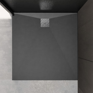 Receveur de douche Noir Effet Pierre 90x90 cm et Grille décor Perforée en Inox