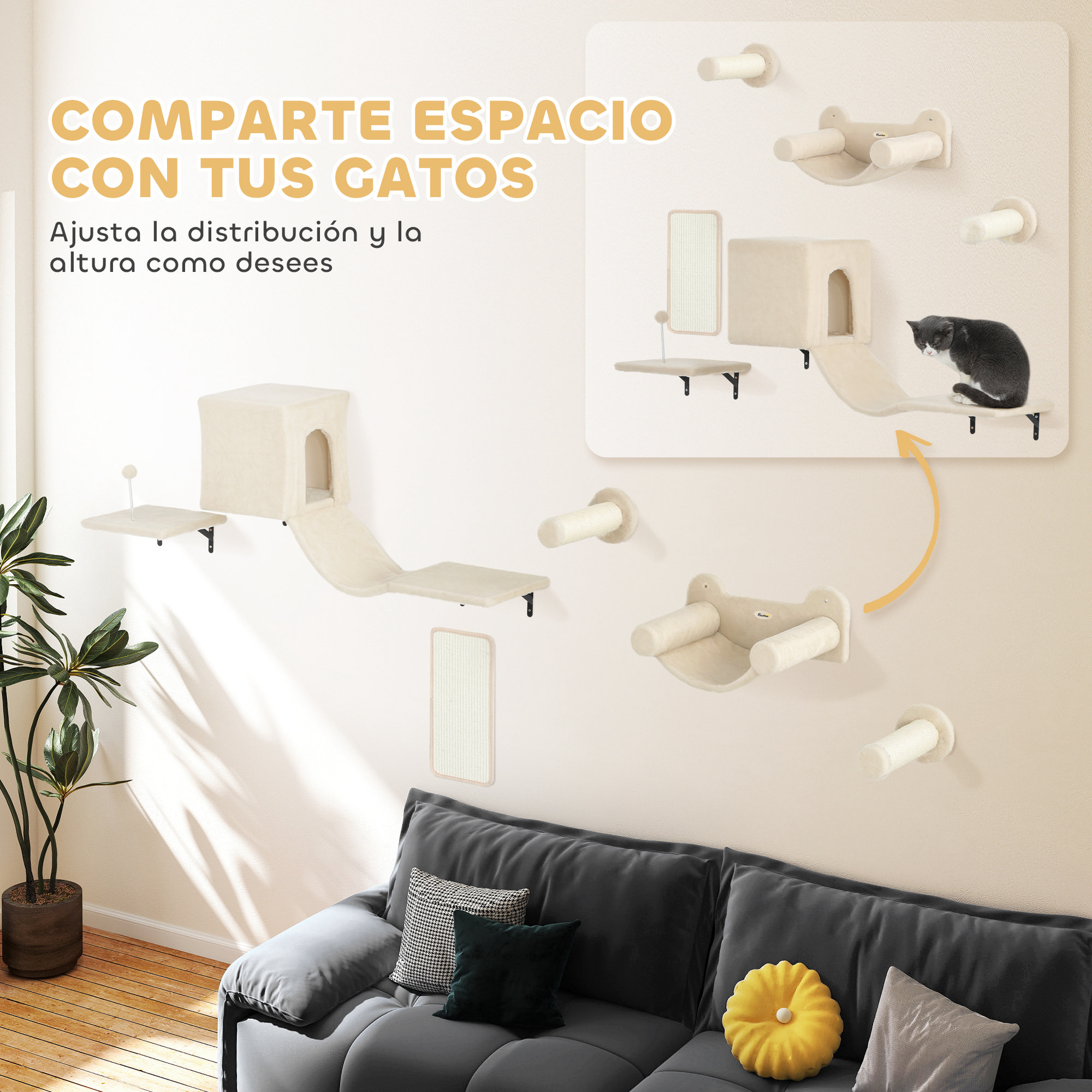 Juego de Pared de Escalada para Gatos de 6 Piezas Estanterías para Gatos con Condominio Plataforma Hamaca Escaleras Percha Tabla Rascador Poste de Sisal Bola de Juguete Beige