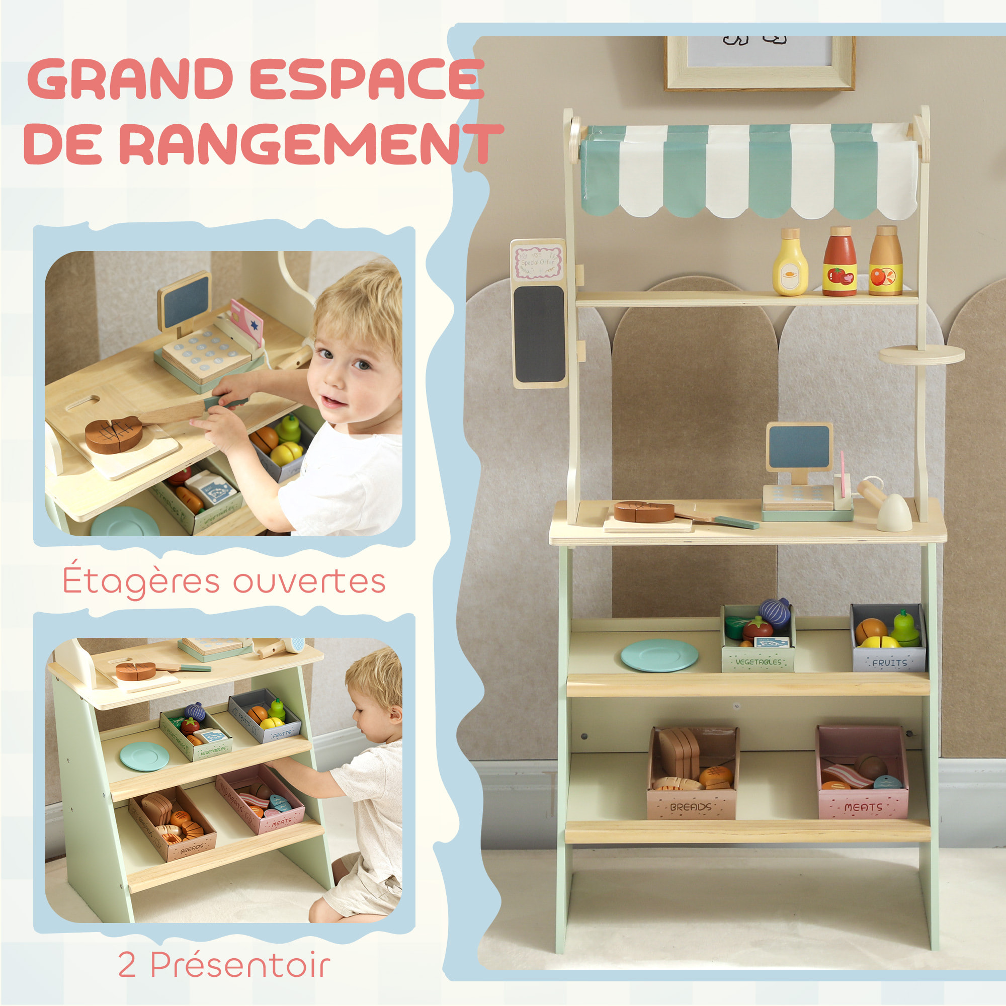 Jeu de la marchande en bois - jeu imitation supermarché enfant - nombreux accessoires - bois clair vert d'eau