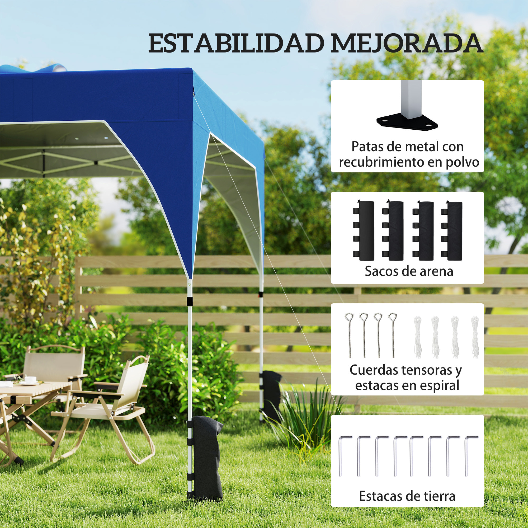 Carpa Plegable 3x3 m, Pop-up, Cenador Pabellón de Jardín con Ventilación Superior, Bloqueo Central, UPF50+, Altura Ajustable 3 Niveles, Bolsa Transporte con Ruedas, Sacos de Arena, Azul