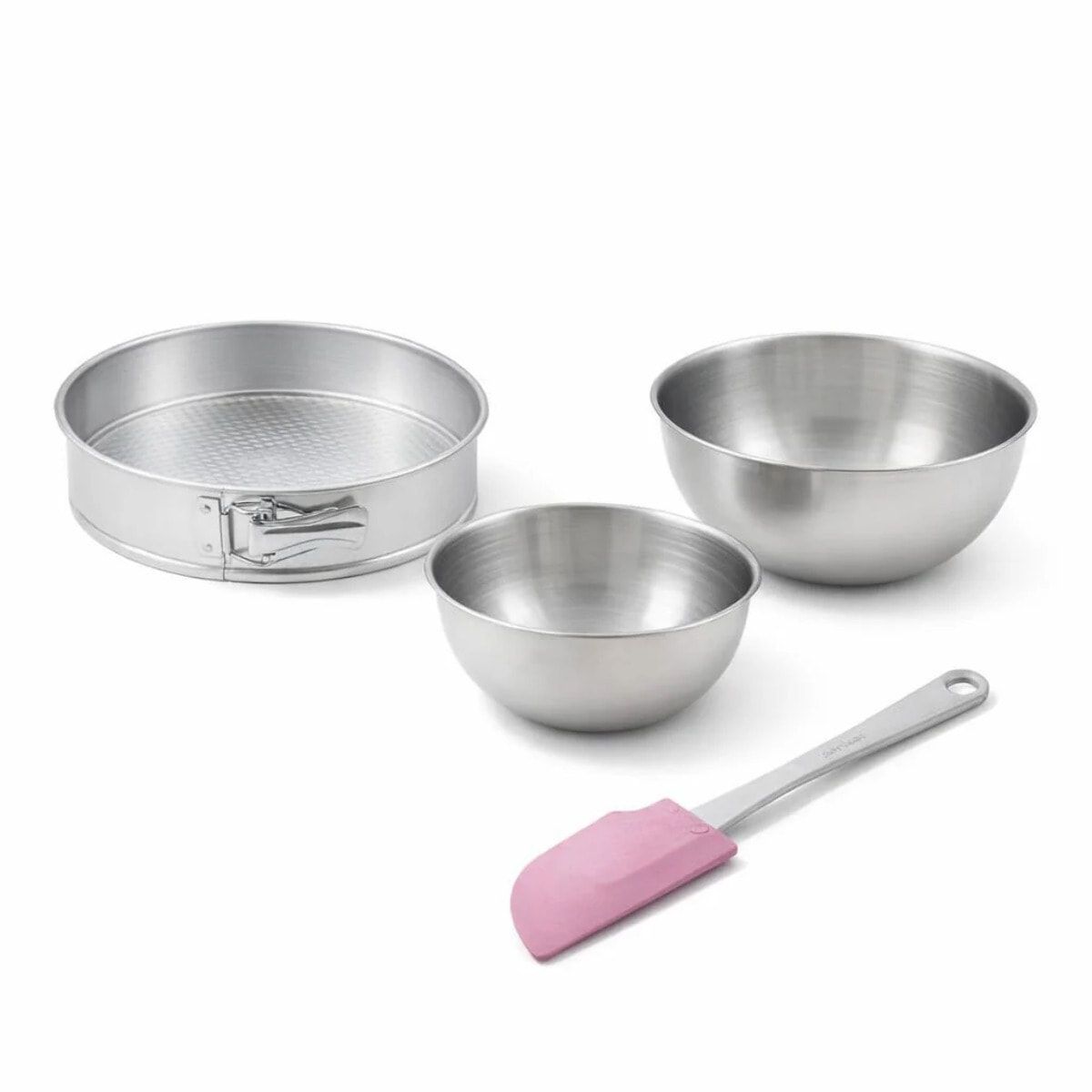 Lot comprenant 1 Moule à manqué charnière, 1 spatule Zenker et 2 bols à mixer en inox Fackelmann