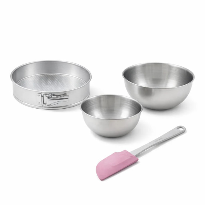 Lot comprenant 1 Moule à manqué charnière, 1 spatule Zenker et 2 bols à mixer en inox Fackelmann