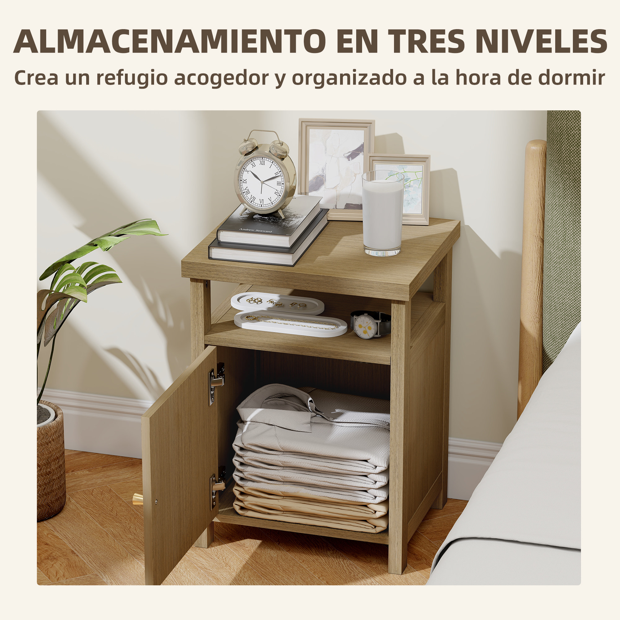 Mesita de Noche con Puerta de Ratán, Mesilla de Noche con Estante Abierto y Compartimento, Mesa Auxiliar para Dormitorio, Salón, 40x35x55 cm, Madera Natural