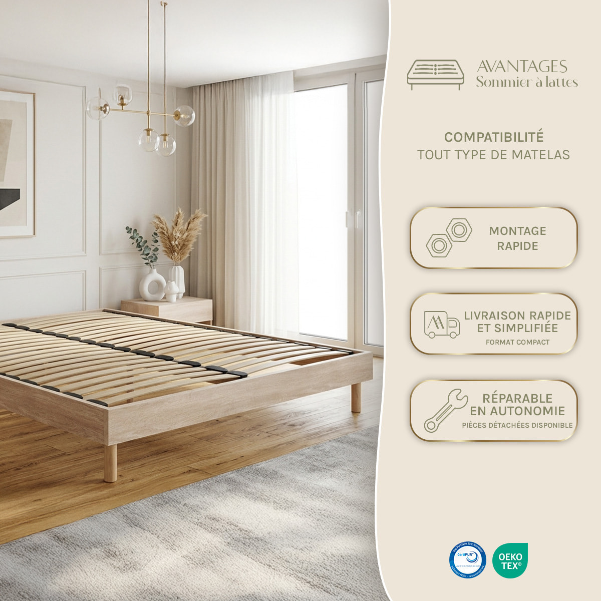 Sommier à Lattes Apparentes MDF & Bois Massif, Robuste, Aération Optimale