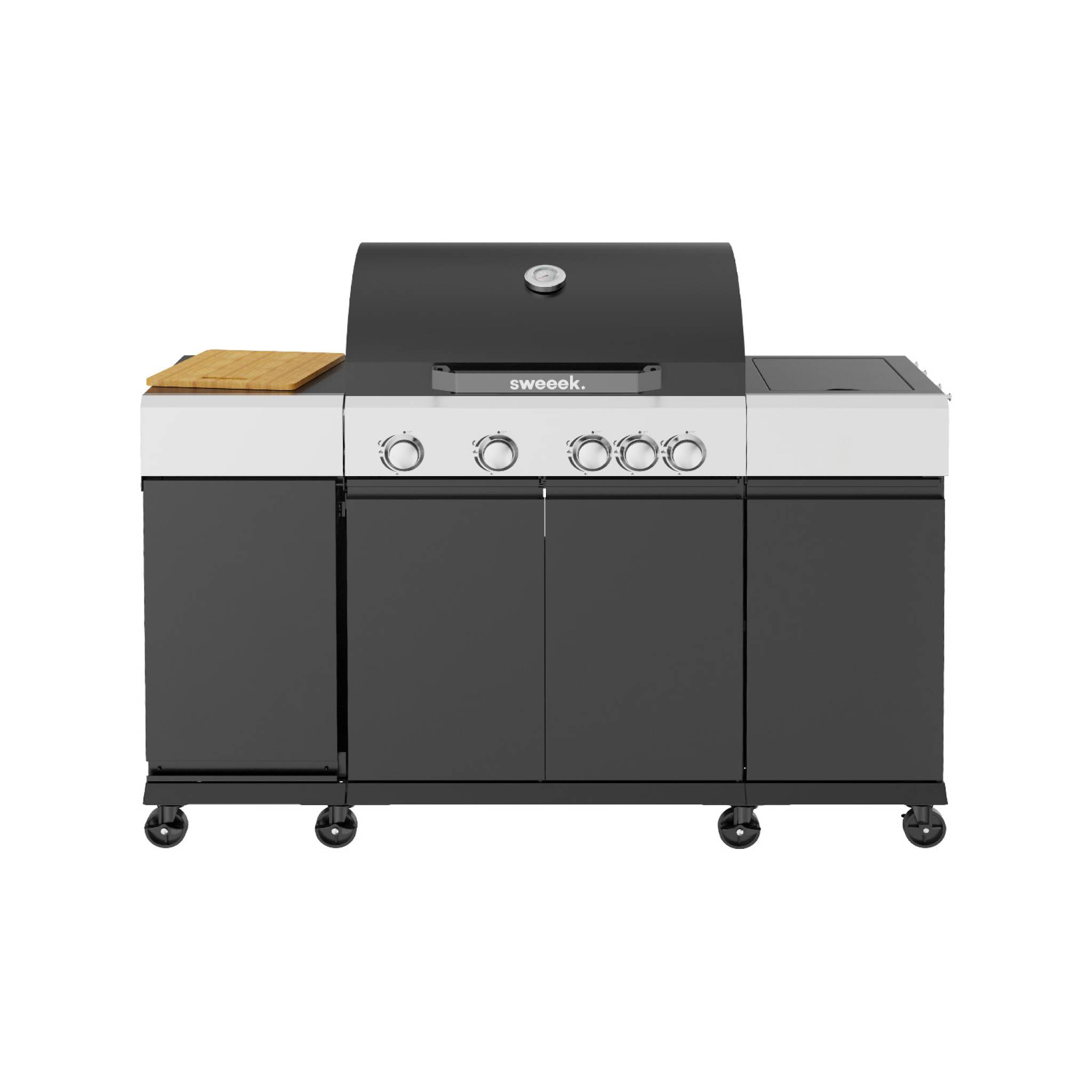 Barbecue gaz 4 brûleurs + 1 feu latéral, cuisine d'extérieure avec tablettes, thermomètre et housse MAXIM AVEC HOUSSE