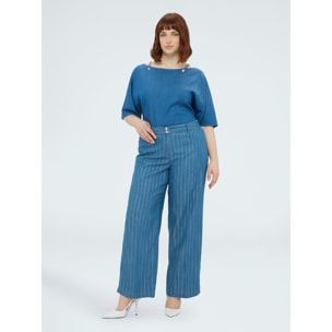Fiorella Rubino - Pantalones Wide Leg en tencel con raya diplomática en lurex - Azul