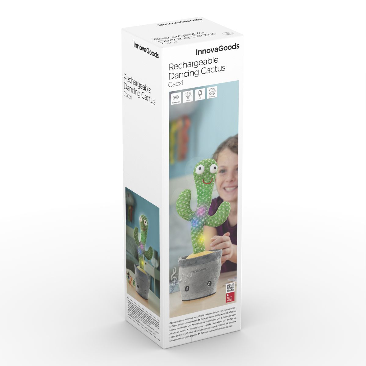 Cactus ballerino e chiacchierone ricaricabile con musica e LED - verde/grigio/giallo - 9 x 34 x 10