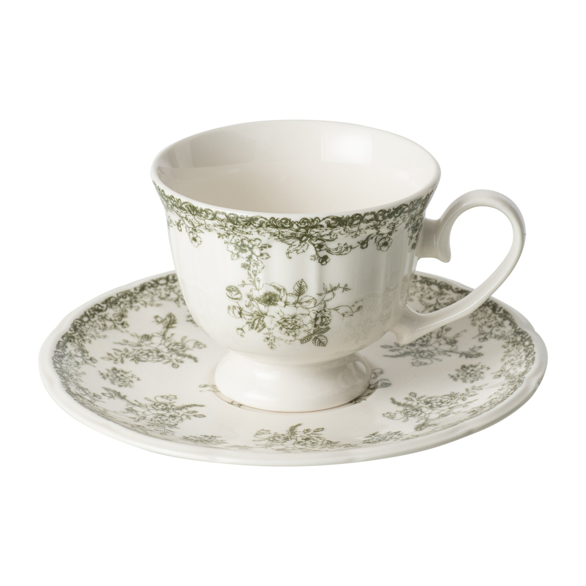 J-Line Tasse et sous-tasse fleurs - céramique - vert foncé/blanc - set de 6