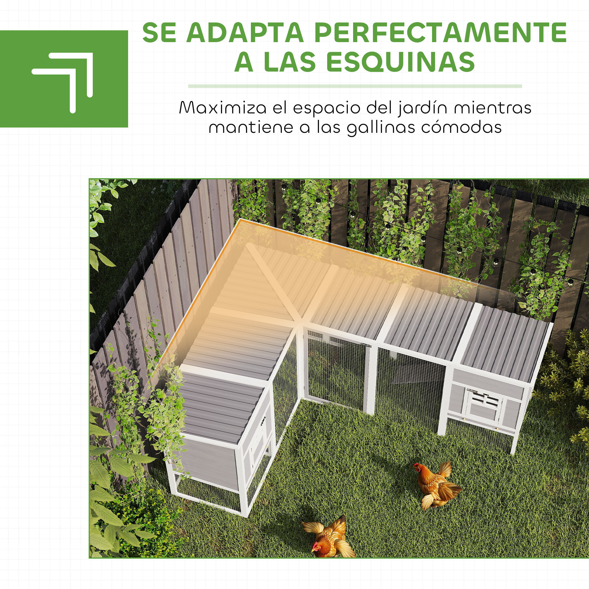 Gallinero de Madera Grande Exterior, Jaula para Gallinas en L para Esquina, con 2 Nidos, Corral, Bandejas Extraíbles, Techo de PET y Rampas, Casa Elevada para Conejos, 251x192x103 cm, Gris