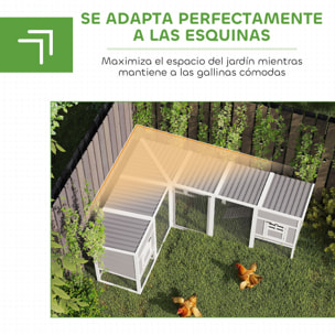 Gallinero de Madera Grande Exterior, Jaula para Gallinas en L para Esquina, con 2 Nidos, Corral, Bandejas Extraíbles, Techo de PET y Rampas, Casa Elevada para Conejos, 251x192x103 cm, Gris