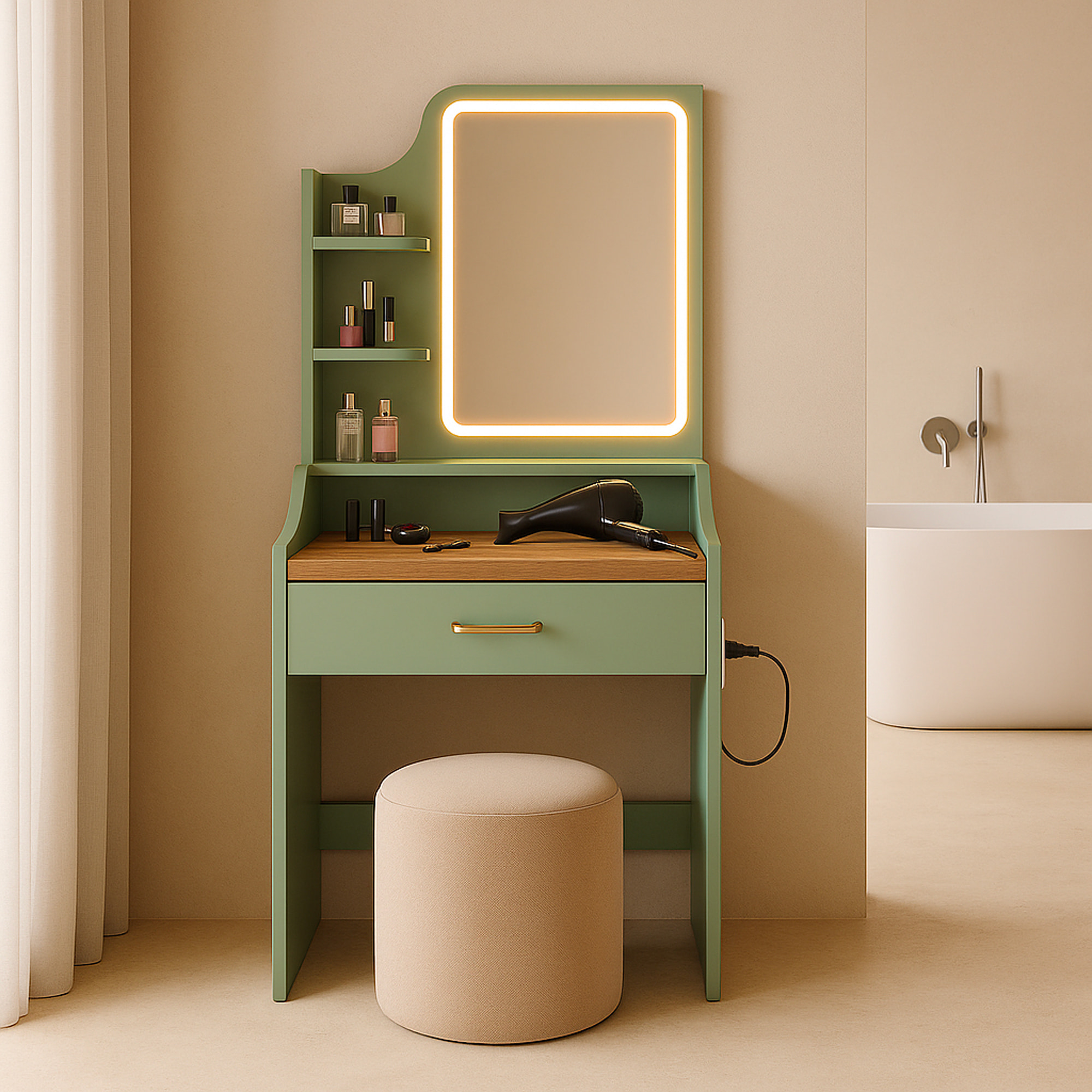 Afrodite - Toeletta Trucco con Luce LED Cassetto 3 Ripiani e Prese Postazione Make Up in Legno Salvia