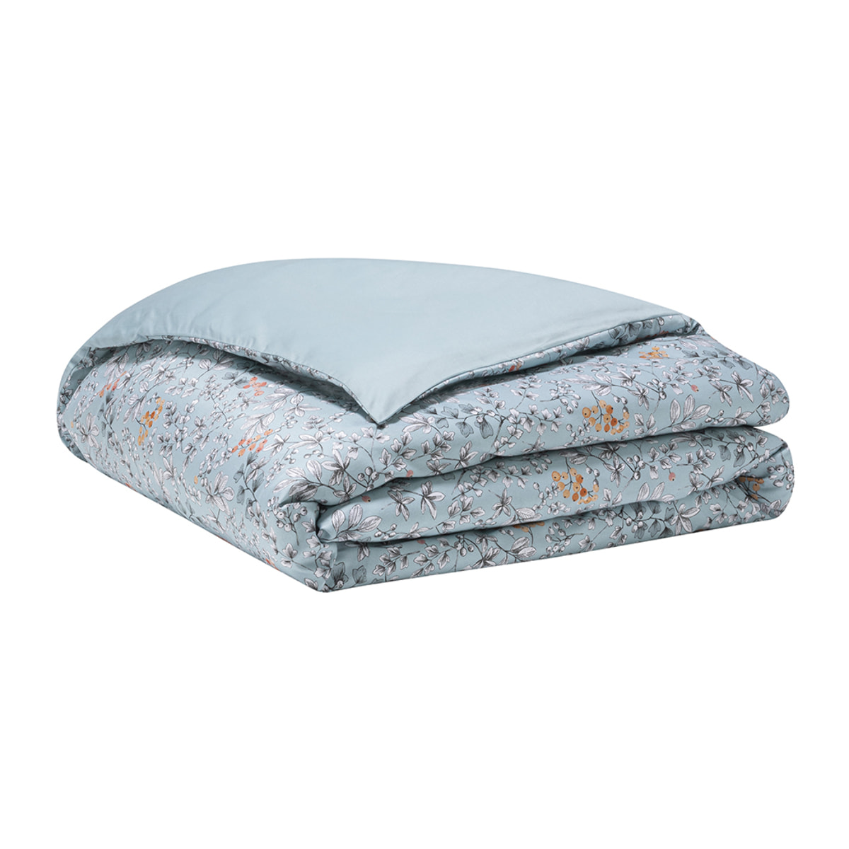 Housse de couette imprimée en satin de coton bio, CUEILLETTE, Bleu baltique