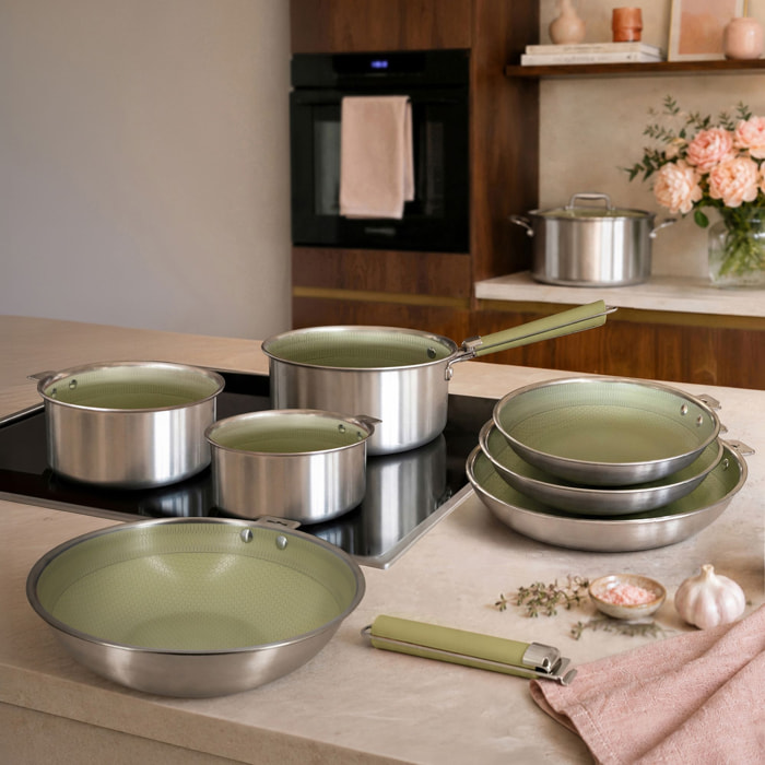 Batterie de cuisine 10 pièces en acier inoxydable vert AGLAE