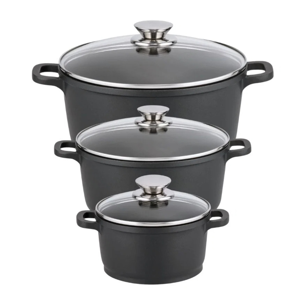 Set de 3 faitouts 16 cm 20 cm et 24 cm sans PFAS avec couvercles en verre Elo Alucast