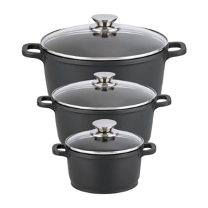 Set de 3 faitouts 16 cm 20 cm et 24 cm sans PFAS avec couvercles en verre Elo Alucast