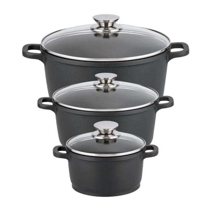 Set de 3 faitouts 16 cm 20 cm et 24 cm sans PFAS avec couvercles en verre Elo Alucast