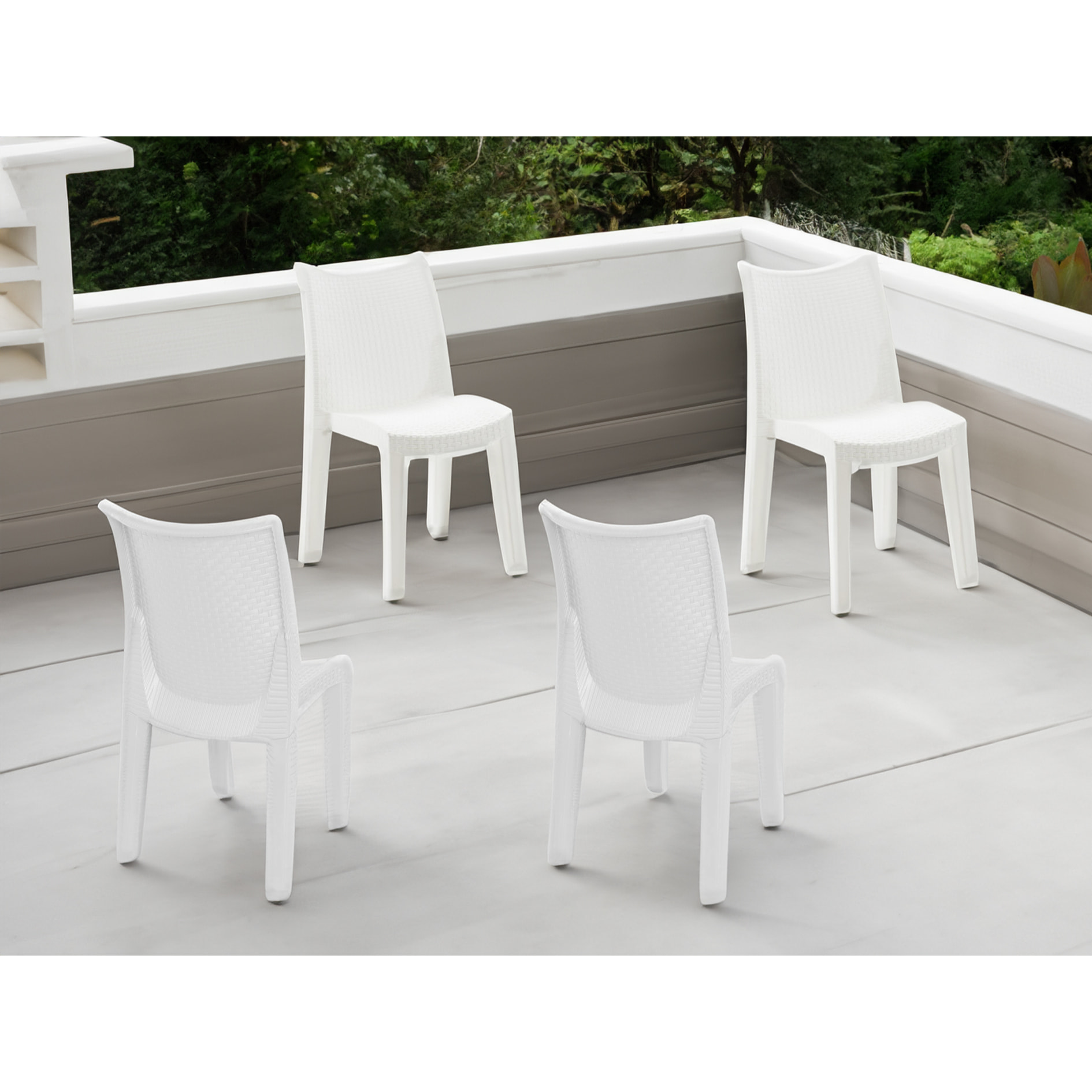 Sedia da esterno Ravenna, Seduta da giardino, Sedia per tavolo da pranzo, Poltrona outdoor effetto rattan, 100 % Made in Italy, Set da 4, Cm 48x55h86, Bianco