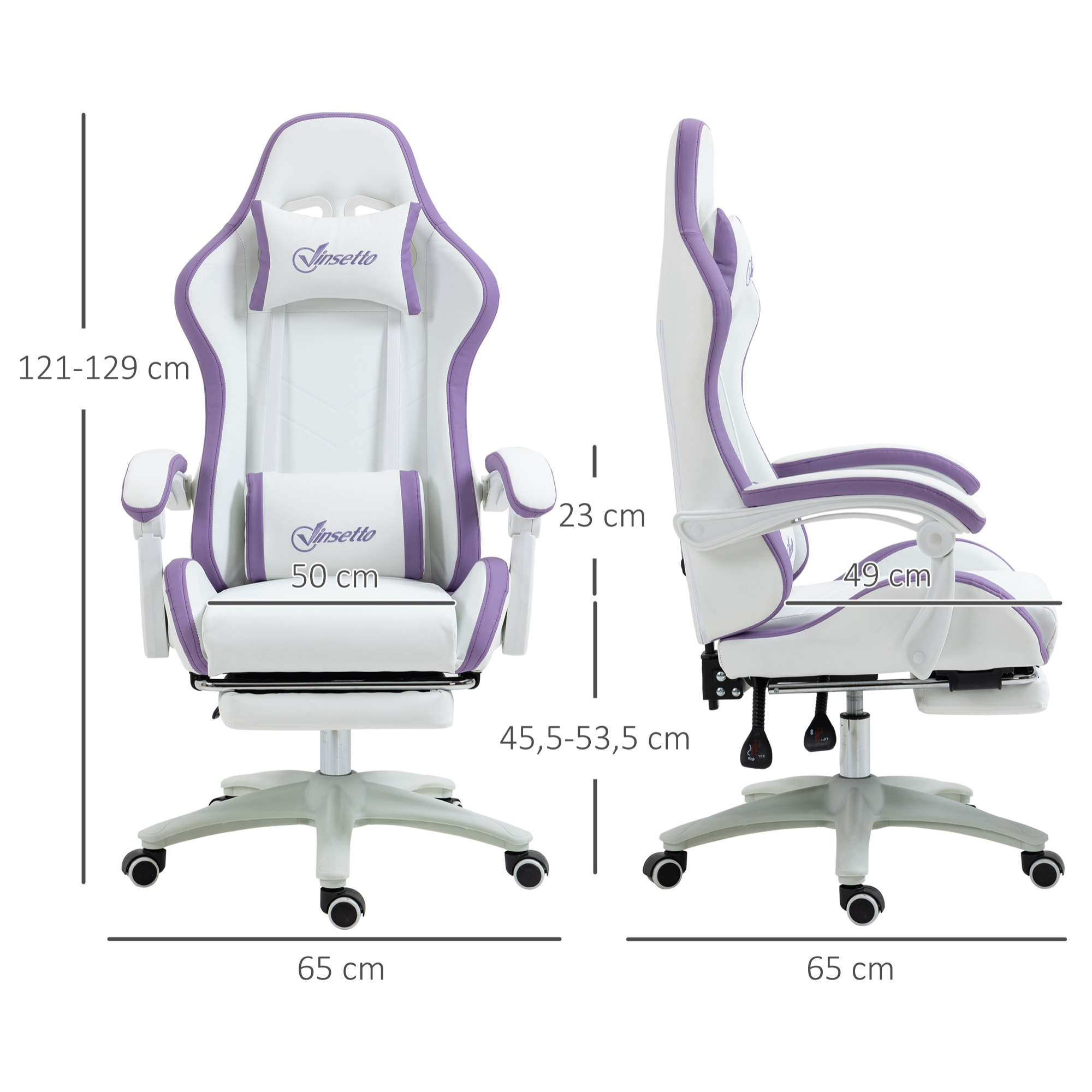 Silla Gaming Ergonómica, Silla Gamer de Cuero PU con Reclinable 135°, Soporte Lumbar, Altura Ajustable, Reposacabezas y Reposapiés Retráctil, para Oficina, Estudio, Blanco y Violeta