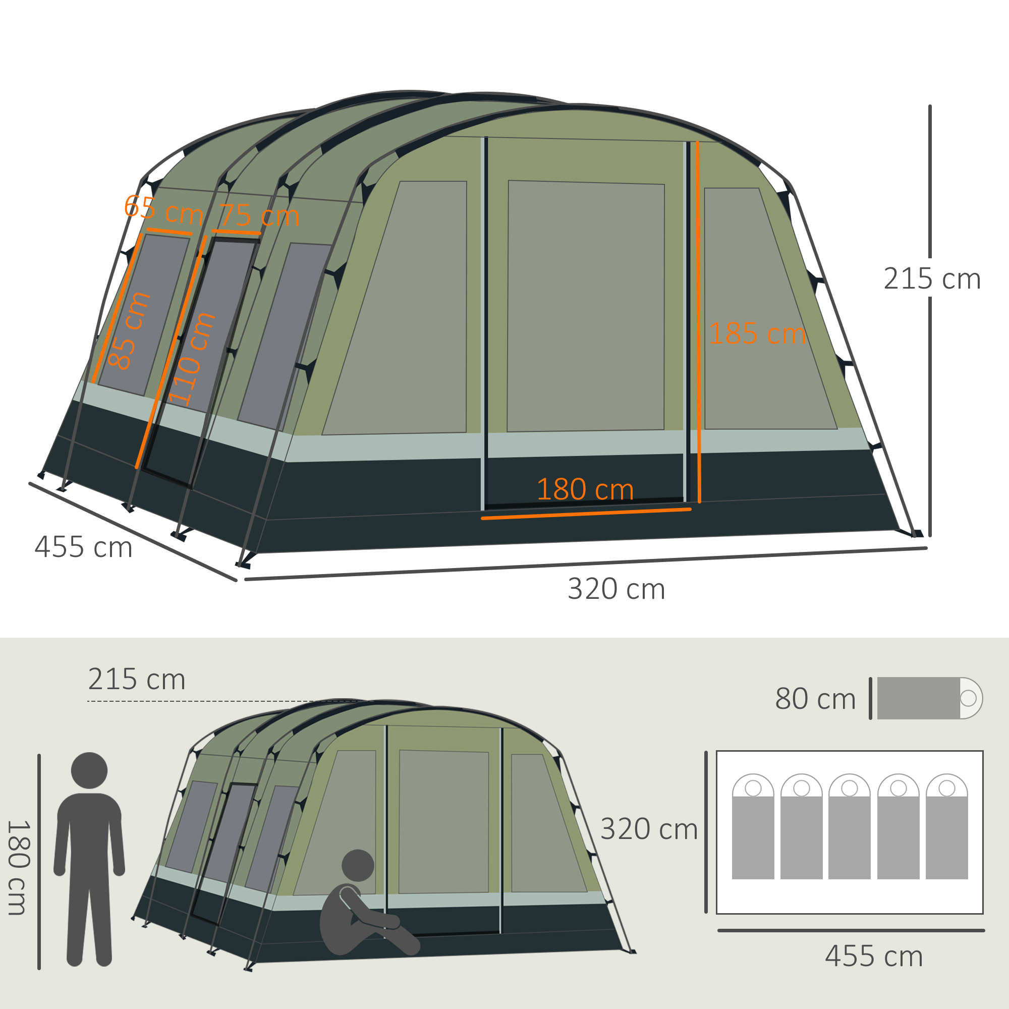 Tienda de Campaña Familiar 6 Personas Plegable Impermeable PU3000 mm 6 Ventanas