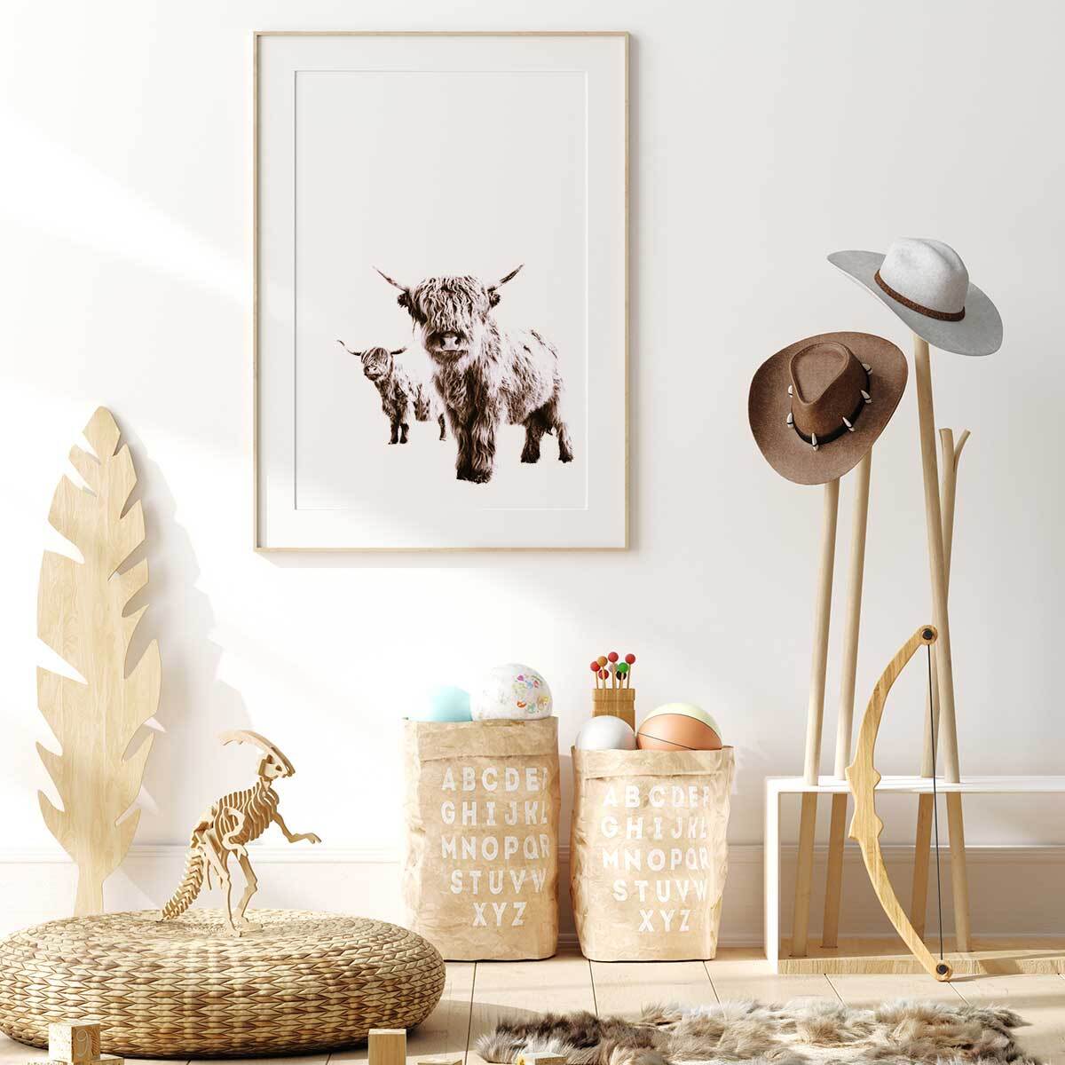 Affiche enfant jumelles en beige  Affiche + cadre en bois - Chêne