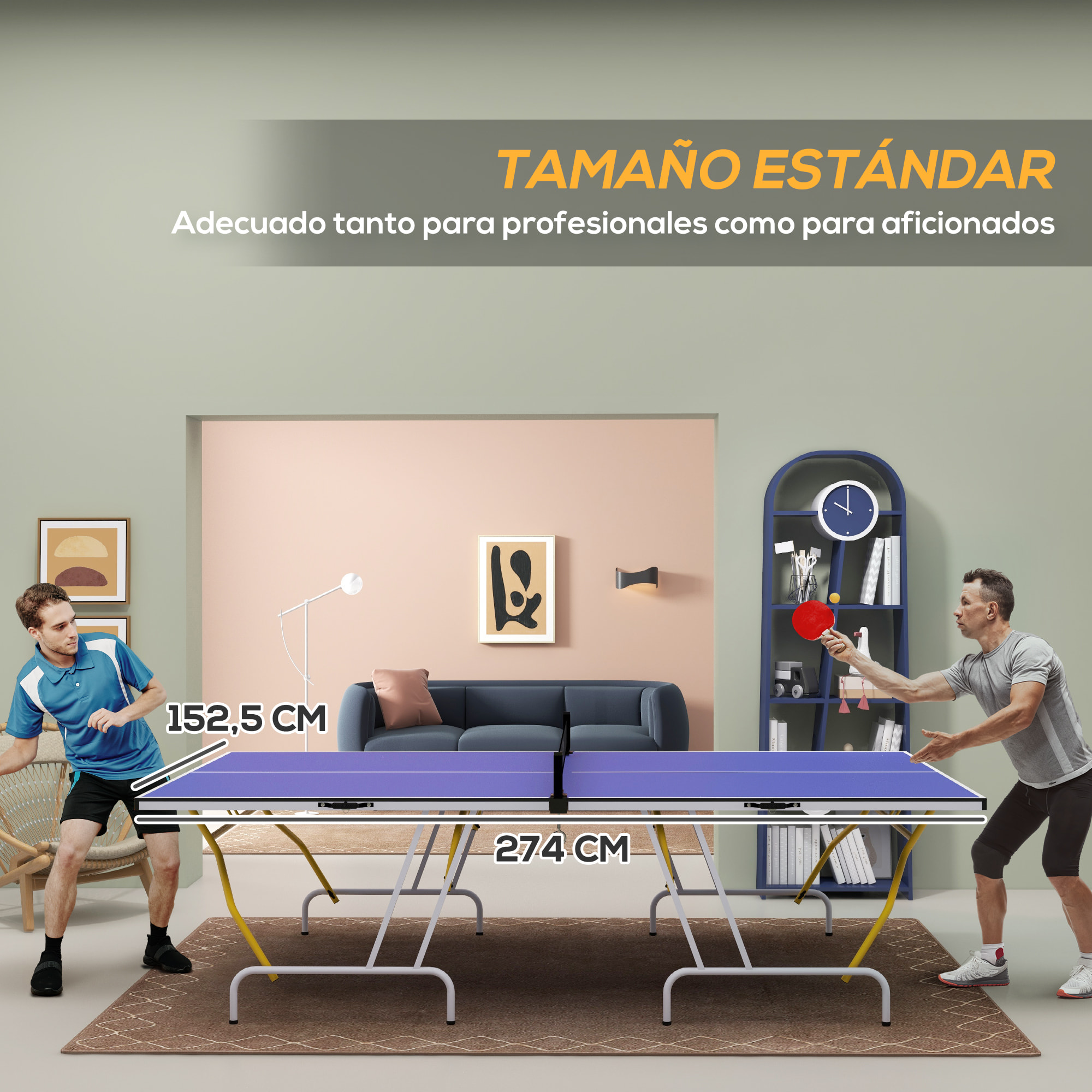 Mesa de Ping-Pong Plegable Mesa de Tenis de Mesa Diseño Compacto con Red Reposapiés Ajustables y Marco de Acero para Interior y Exterior 274x152,5x76 cm Azul