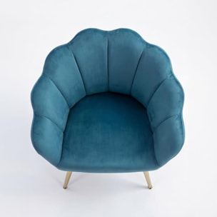 Poltrona in velluto design a conchiglia elegante e moderna, seduta imbottita confortevole con base in legno e gambe in metallo dorato, poltroncina versatile per soggiorno, camera o ufficio, stabile e resistente fino a 100 kg, stile raffinato e decorativo